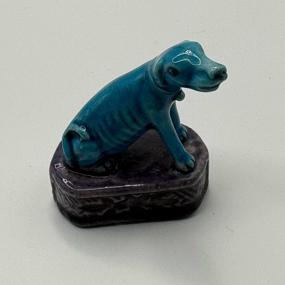 Mini Chinese Antique Dynasty Style Dog Figure Turquoise  Deep Blue Ceramic 2”